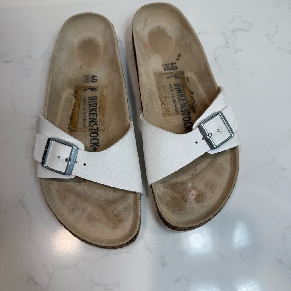 Birkenstock White Leather Buckle Slides